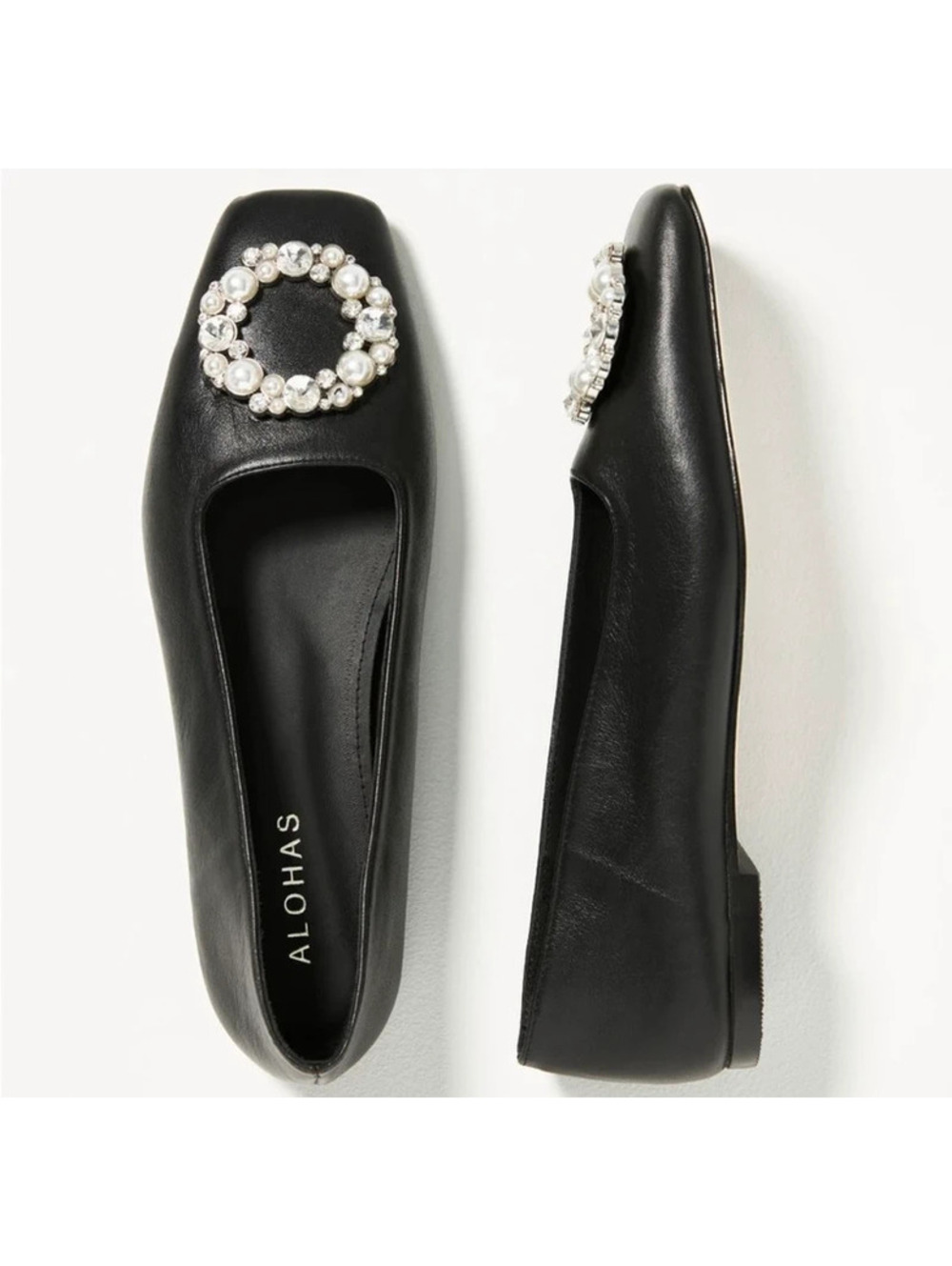 Alohas Black Flats with Pearl Embellishments